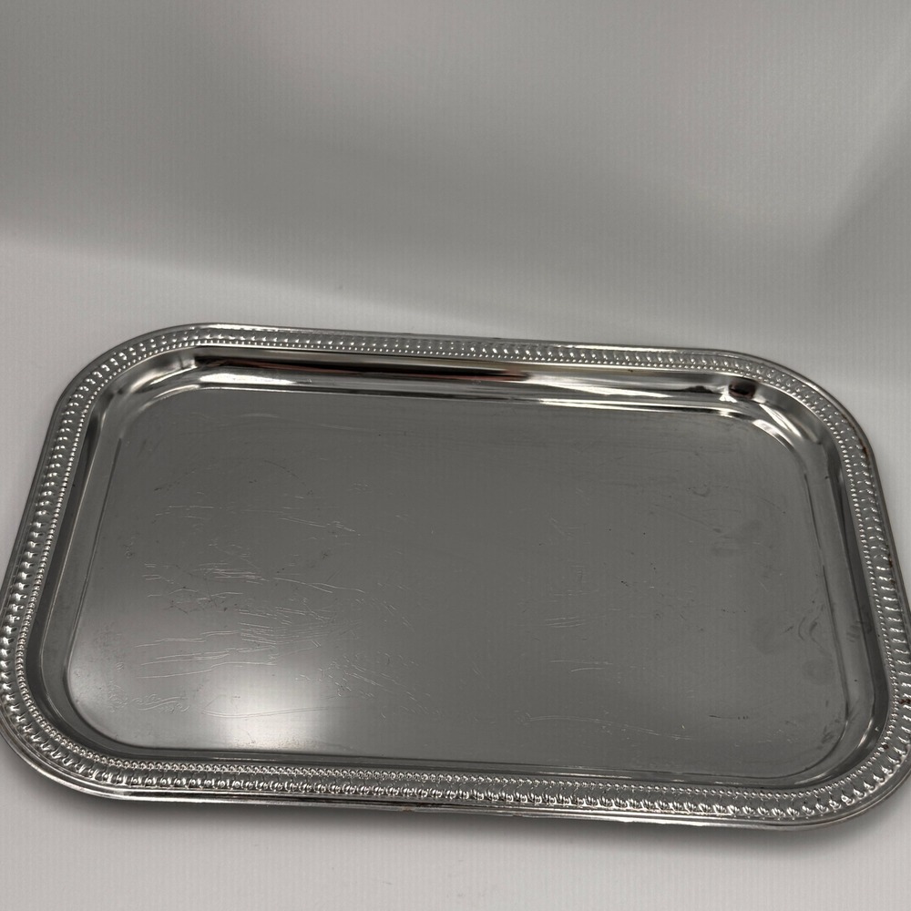 Golden Rule Vintage Silver Tone Beaded Rim Rectangular Serving Tray Hong Kong